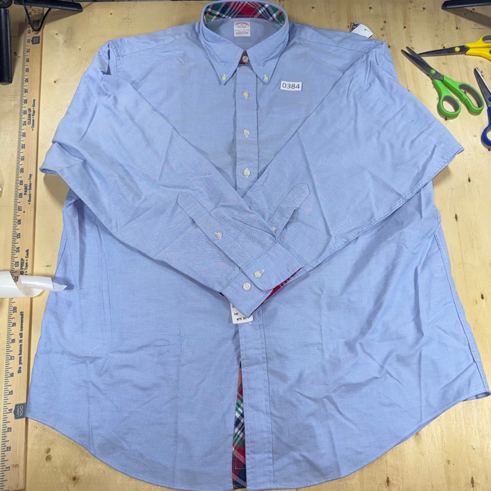 Brooks Brothers Mens XL Blue Supima Cotton Oxford Shirt Regular Fit Plaid Trim
